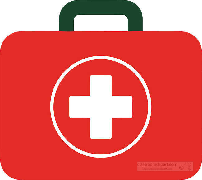 Red first aid kit with a white cross symbol and dark handle