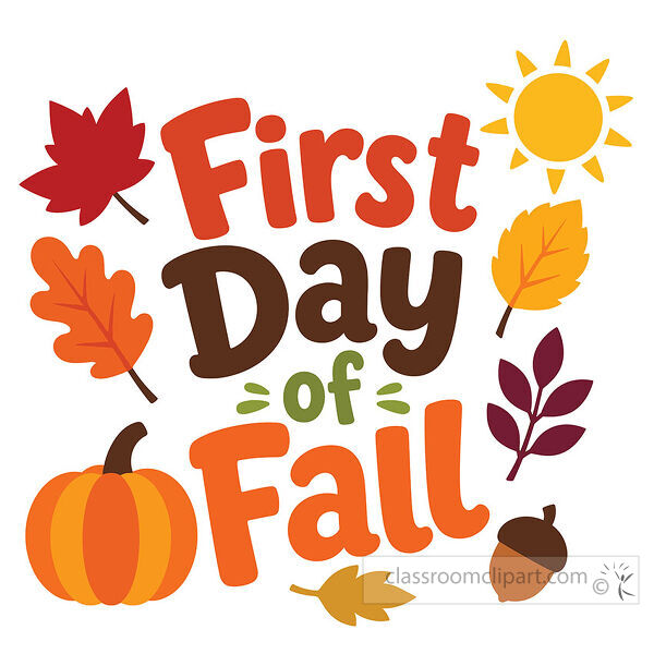 First Day of Fall word art with pumpkin sun acorn branch and colorful autumn leaves