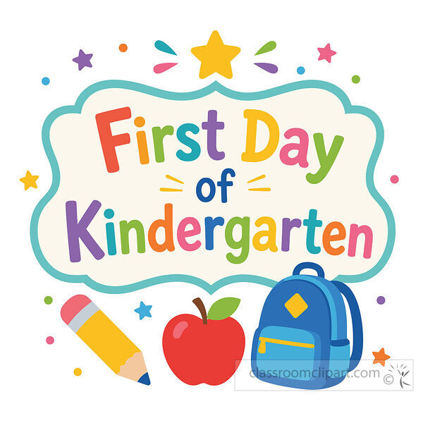 Colorful first day of kindergarten sign with a blue backpack red apple yellow pencil stars and confetti icons