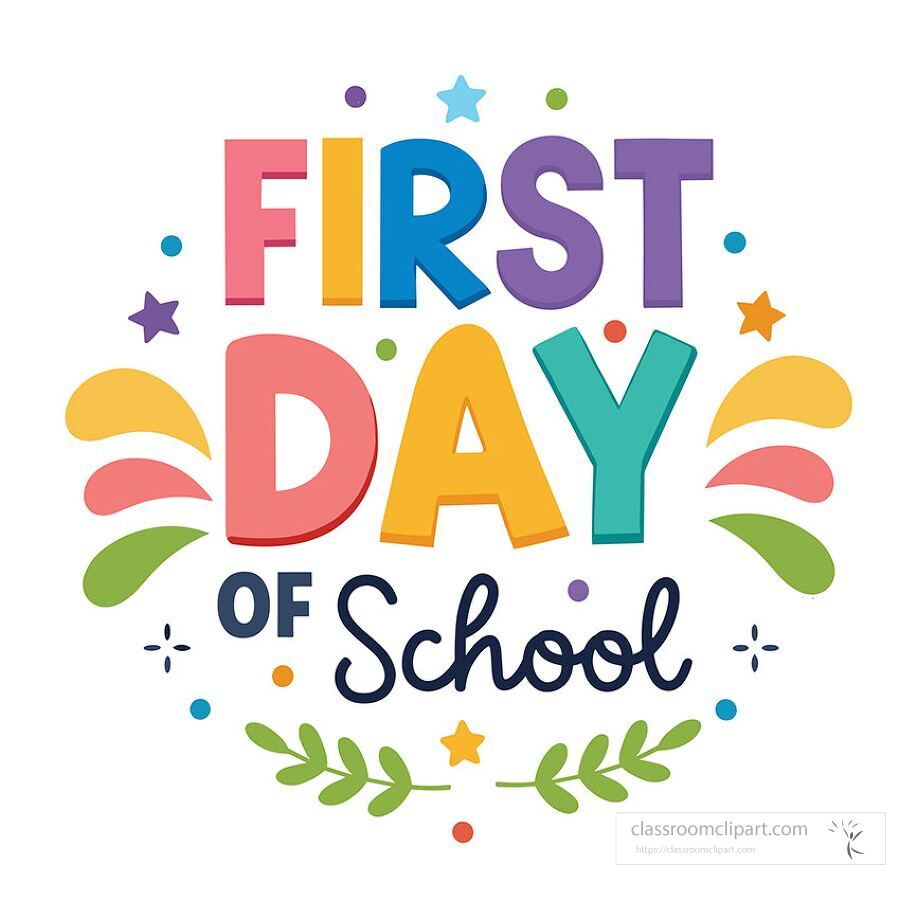 Playful and vibrant first day of school vector illustration with bold rainbow colored text stars and swirls great for classroom welcome posters and digital teaching materials