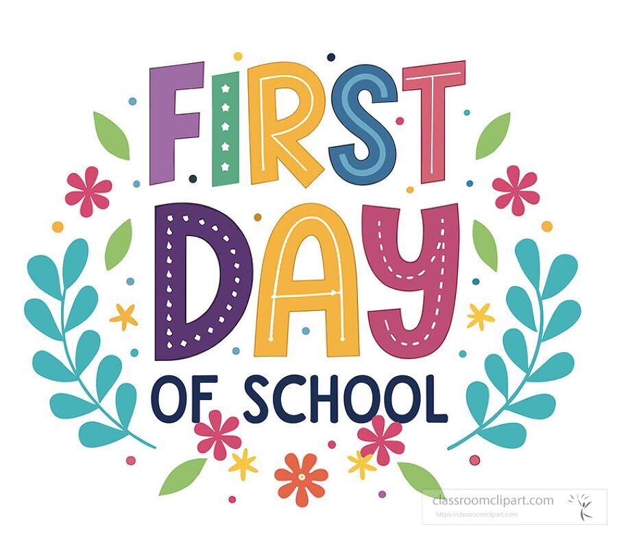 Charming and colorful first day of school sign with floral and leaf border in bright classroom friendly colors ideal for back to school decorations and printable materials