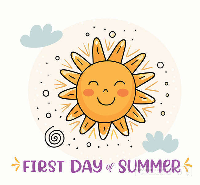 Smiling sun with clouds dots and First Day of Summer text in a cheerful seasonal layout