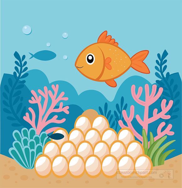 Cute vector illustration of a fish swimming above its eggs in an underwater coral reef scene. Perfect for biology lessons and ocean studies