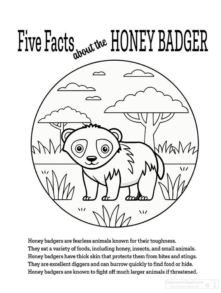 A cartoon-style illustration of a honey badger in a natural setting, surrounded by trees and bushes. The image is designed for educational purposes, featuring the title 