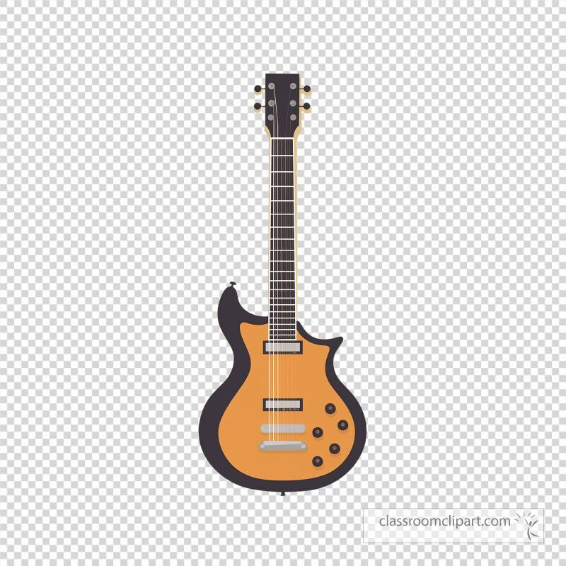 A flat design representation of a guitar created as a transparent PNG The guitar features an orange body and a black neck highlighting its minimalist style and modern feel