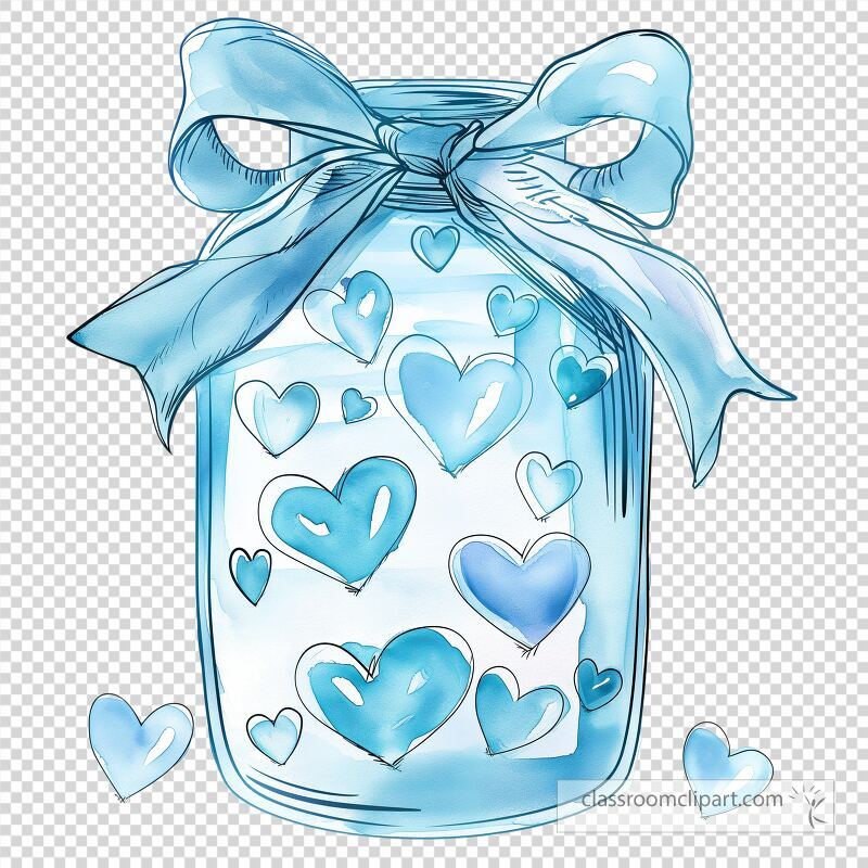 A watercolor drawing features a jar tied with a blue ribbon filled with various blue hearts The design conveys feelings of love and warmth perfect for decorations