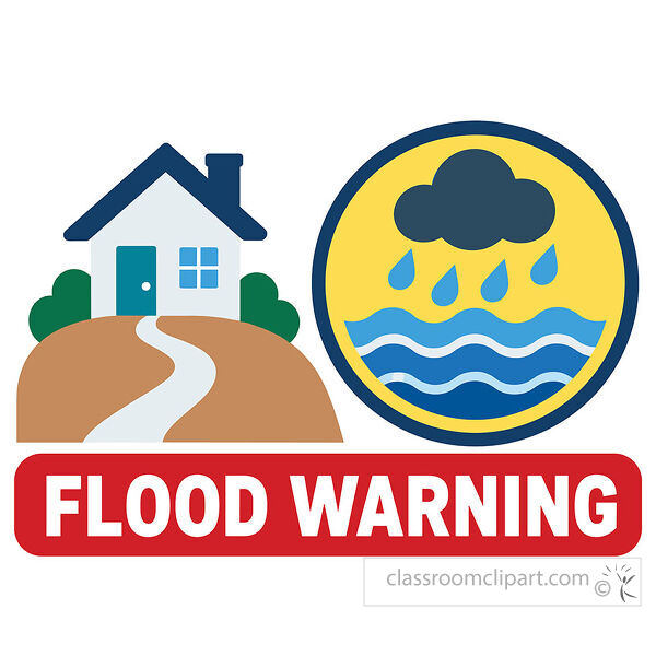 Flood warning label with a house rain cloud and rising water symbol inside a round alert badge