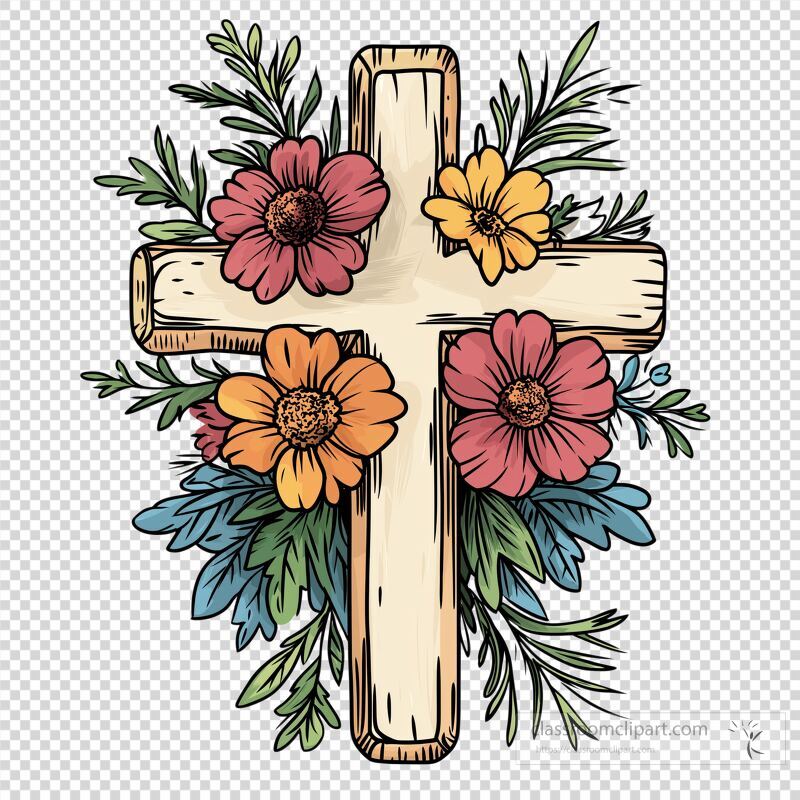 This design features a rustic wooden cross adorned with colorful flowers, including pink, orange, and yellow blossoms Surrounding greenery adds a natural touch, creating a harmonious blend of faith and nature suitable for various decorative uses