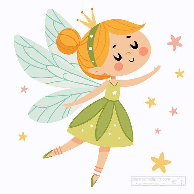 Blonde fairy flying sideways with a small crown green petal dress translucent wings and star shapes