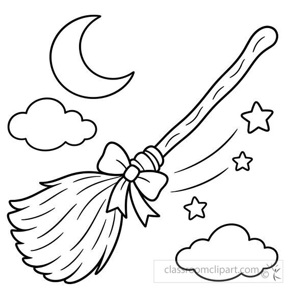 Flying witch broom coloring page with a ribbon bow crescent moon clouds stars and motion lines