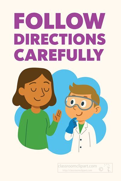 Classroom safety cartoon clipart showing a teacher giving directions to a student with text follow directions carefull
