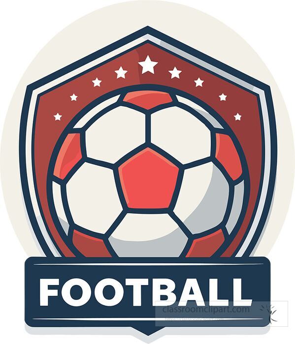 Flat vector illustration of a football soccer logo badge featuring a red and white ball inside a shield with stars perfect for sports teams leagues tournaments and athletic branding