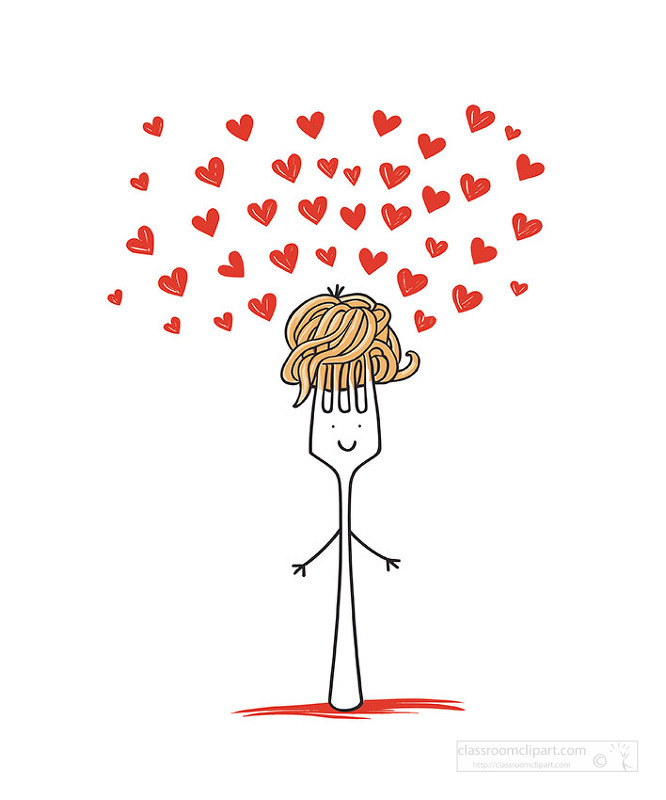 Funny drawing of fork with pasta and hearts showing love for food
