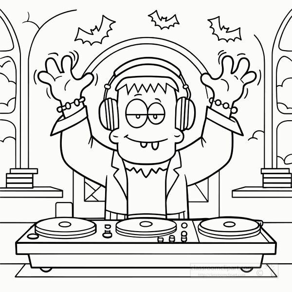 fun halloween coloring page featuring frankenstein dj with headphones and bats great for kids spooky party activities
