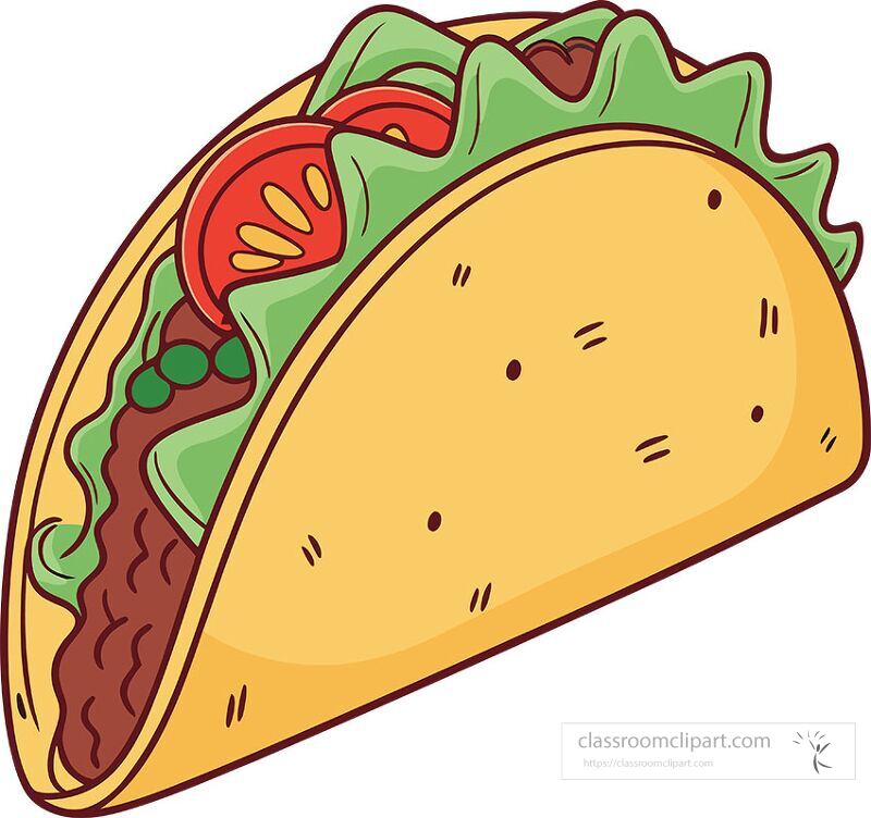 Colorful illustration of a delicious mexican taco filled with ground meat lettuce and tomatoes against a clean white background showcasing vibrant colors and appealing design