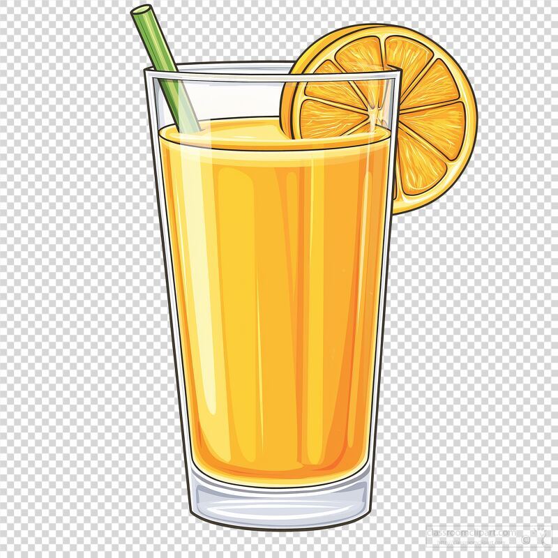 Fresh Orange Juice in Glass With Straw and Slice