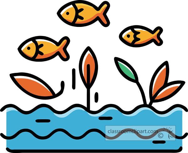 A colorful illustration of fish swimming in water with aquatic plants