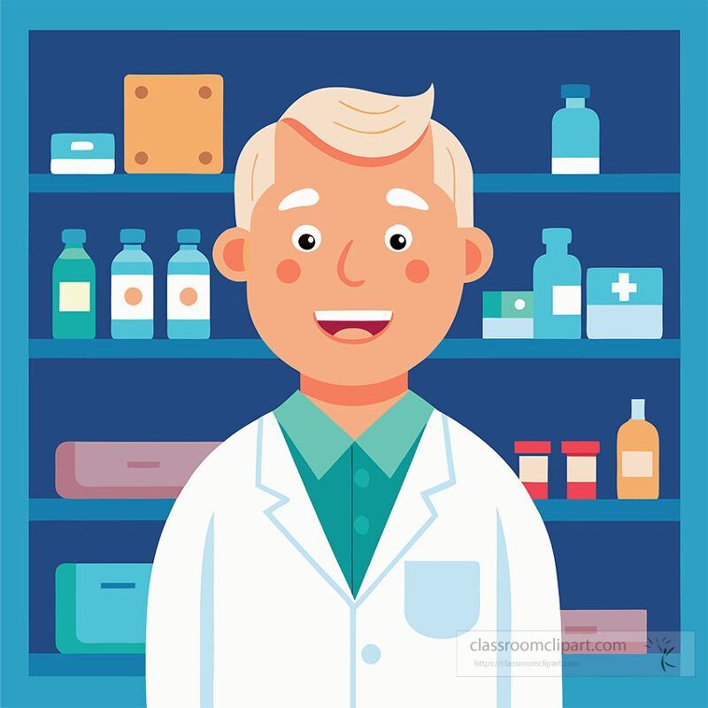 Mature caucasian pharmacist in medical robe smiles while standing in front of shelves filled with various medications and health products Promotes a welcoming atmosphere in a pharmacy setting