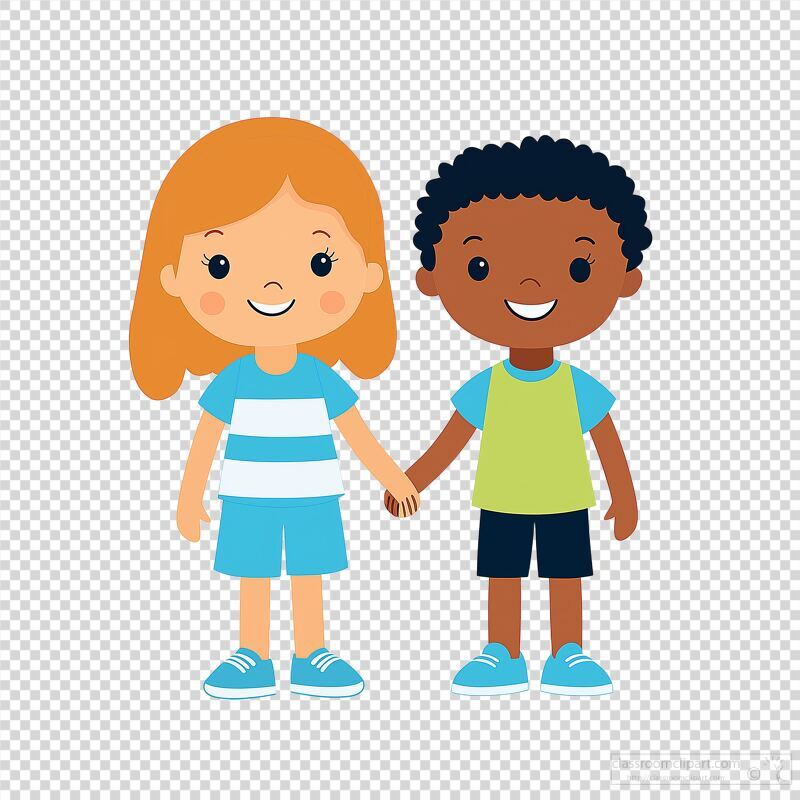 Two cheerful children stand side by side holding hands radiating happiness. The boy has curly hair while the girl has straight light hair both wearing colorful outfits.