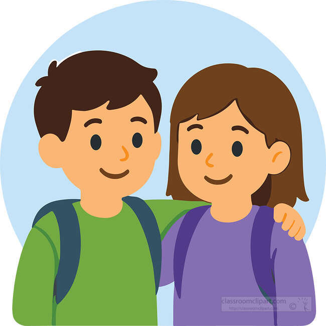Smiling boy and girl wearing backpacks with arms around each other on a blue circle background