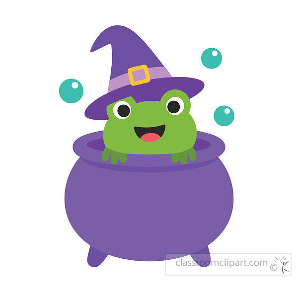 Green frog wearing a purple witch hat inside a purple cauldron with teal bubbles around it
