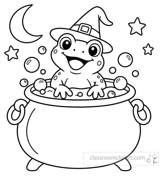Frog in witch cauldron coloring page with bubbles crescent moon stars and a pointed witch hat