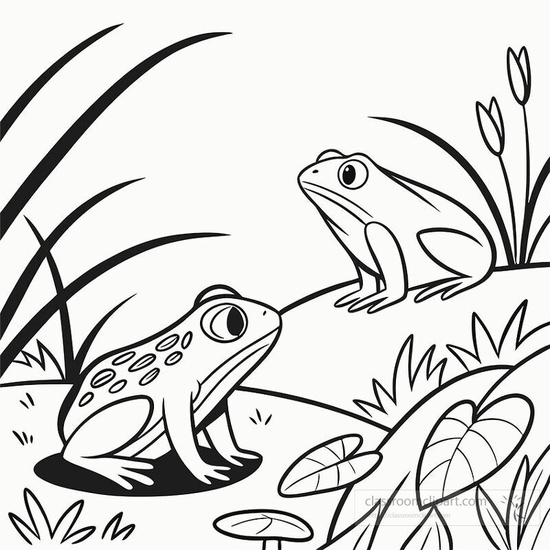 Two frogs are resting on grassy ground near a pond One frog has spots while the other is smooth Surrounding plants add detail to the serene environment