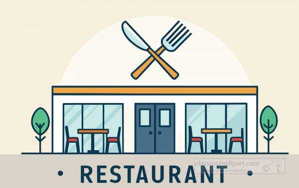 restaurant facade with large windows outdoor tables and a fork and knife symbol