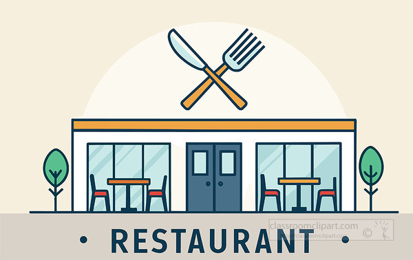 restaurant facade with large windows outdoor tables and a fork and knife symbol