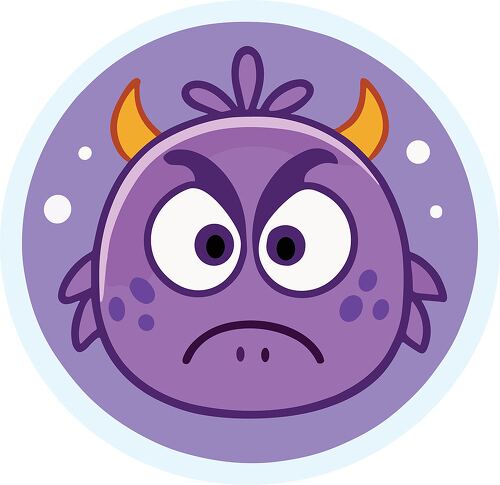 A purple monster with horns and a frown designed in a playful circular badge