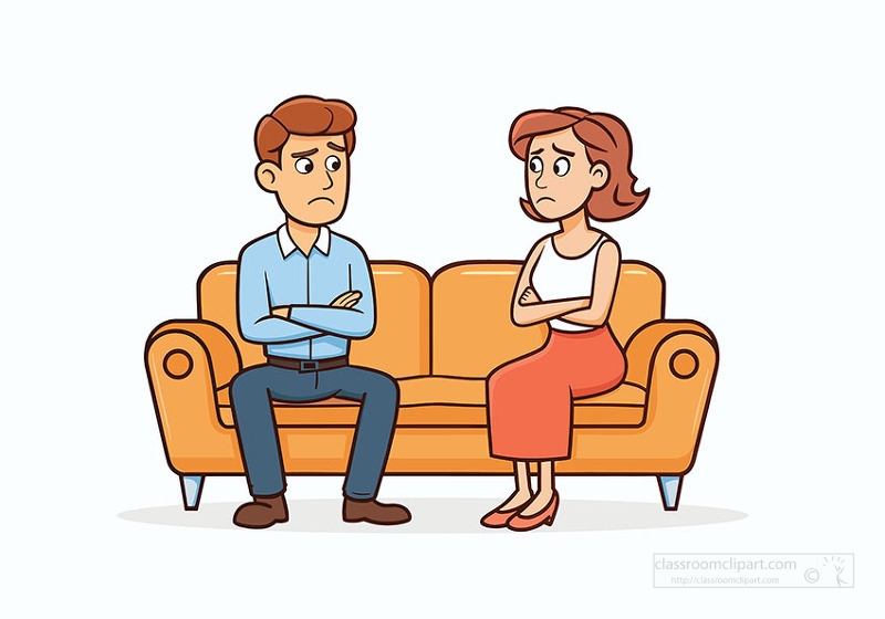 Cartoon man sitting on sofa showing stress and frustration emotion