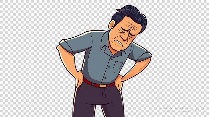 A cartoon representation of a man with a pained expression holding his lower back. He appears to be struggling with discomfort dressed in a casual button up shirt and pants.