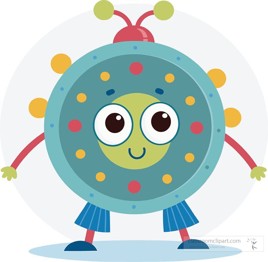 cheerful cartoon circle character with bright eyes colorful decorations and antennas perfect for school projects and learning materials