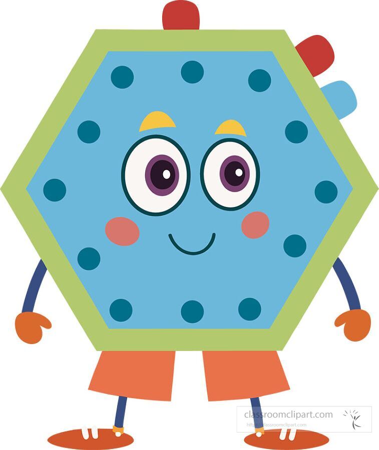 colorful cartoon hexagon character with bright eyes and cheerful expression ideal for educational shape lessons and classroom art