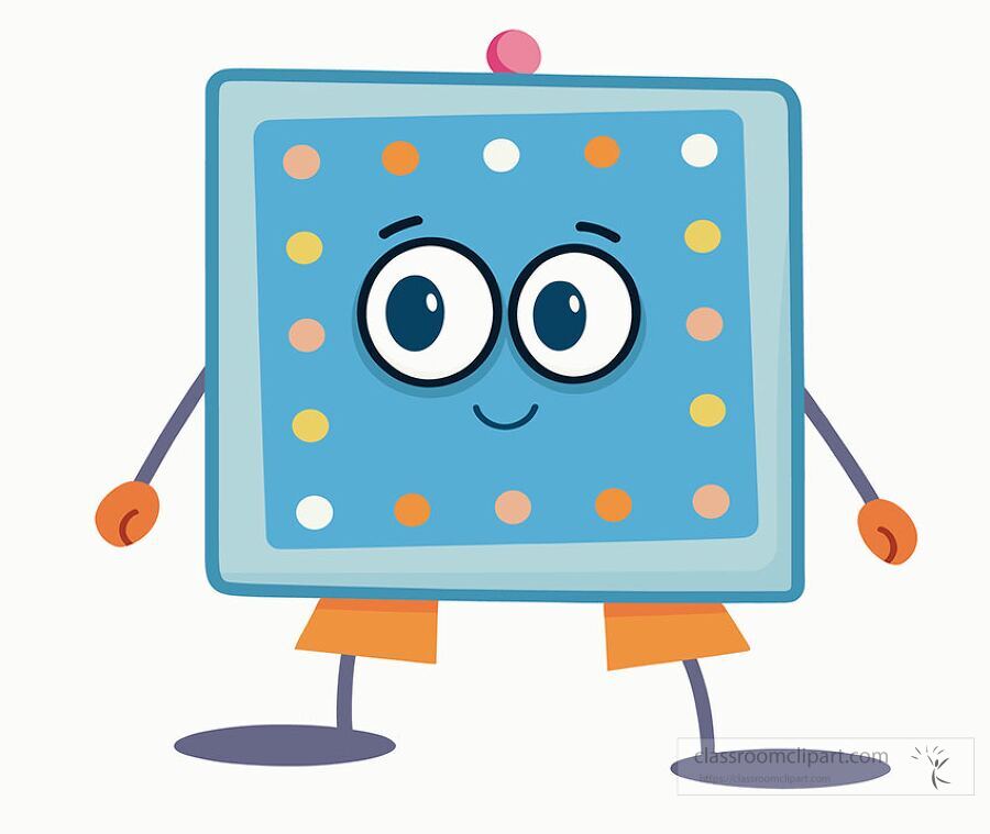cute cartoon square character with bright eyes colorful dots and orange pants perfect for classroom clipart and educational activities
