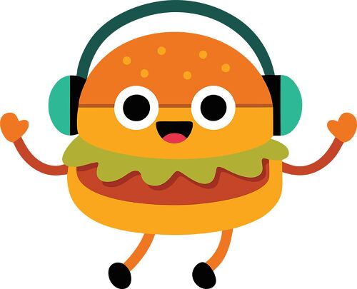 Enjoy a lively hamburger character with headphones dancing joyfully