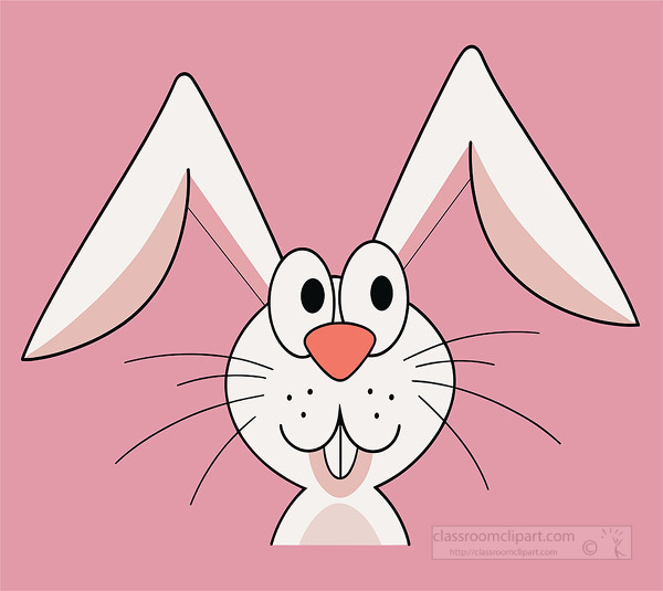 Cheerful cartoon illustration of a white rabbit head with long ears big eyes and whiskers on a solid pink background ideal for spring and easter designs