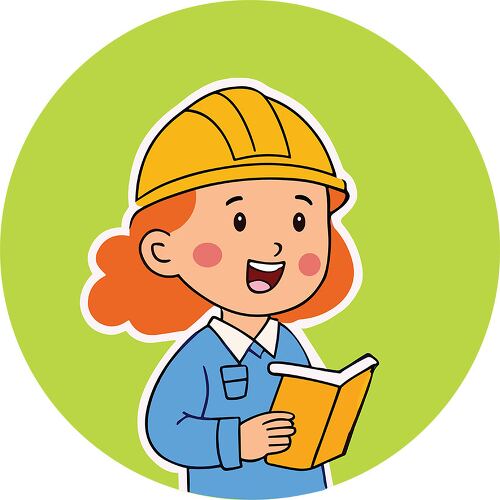 A young girl in a hard hat and blue outfit reading a book with excitement