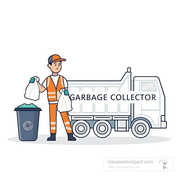 Cartoon garbage man with recycling truck, perfect for community helpers lessons and sanitation awareness