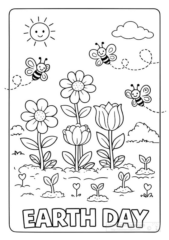 Garden flowers with bees flying around representing pollination and healthy ecosystems for spring learning