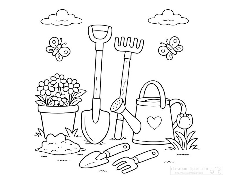 Black and white coloring page of garden tools with flowers and watering can