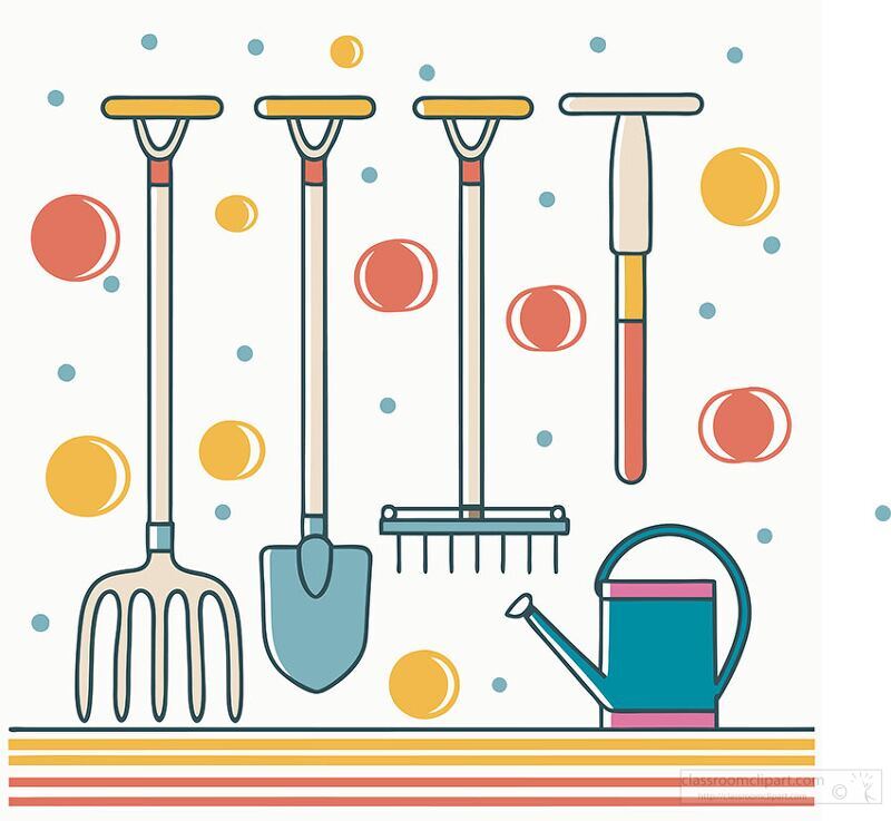 Colorful gardening tools are arranged artfully on a wooden surface, ready for planting flowers and tending to a vibrant garden on a sunny day. Each tool adds charm and inspiration to the activity.