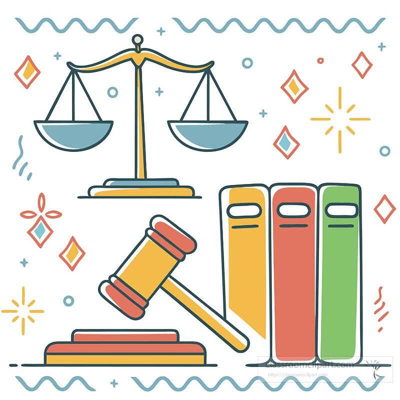 A colorful clip art design featuring a gavel a set of law books and scales of justice This artwork emphasizes legal themes and the importance of law and order