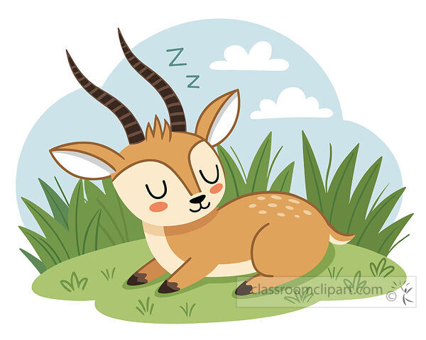 Sleeping gazelle clipart resting in tall grass with long horns clouds and a peaceful meadow background