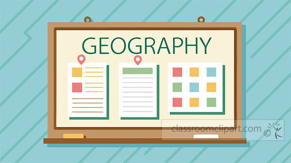 Geography classroom board with pinned paper notes map pins and chart details for school subject materials
