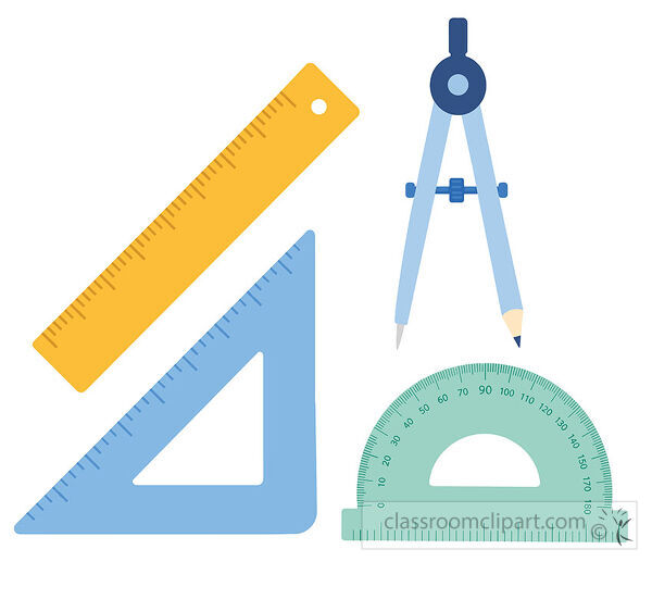 Geometry tools set with a yellow ruler blue triangle ruler compass and green protractor