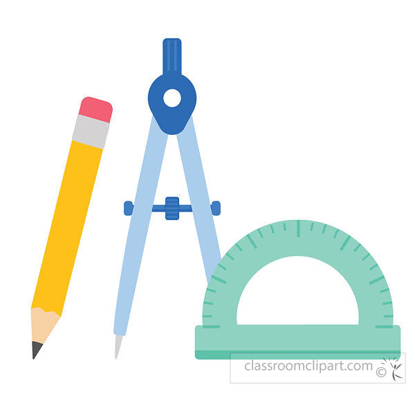 Geometry tools clipart with a yellow pencil blue compass and mint green protractor on a white background
