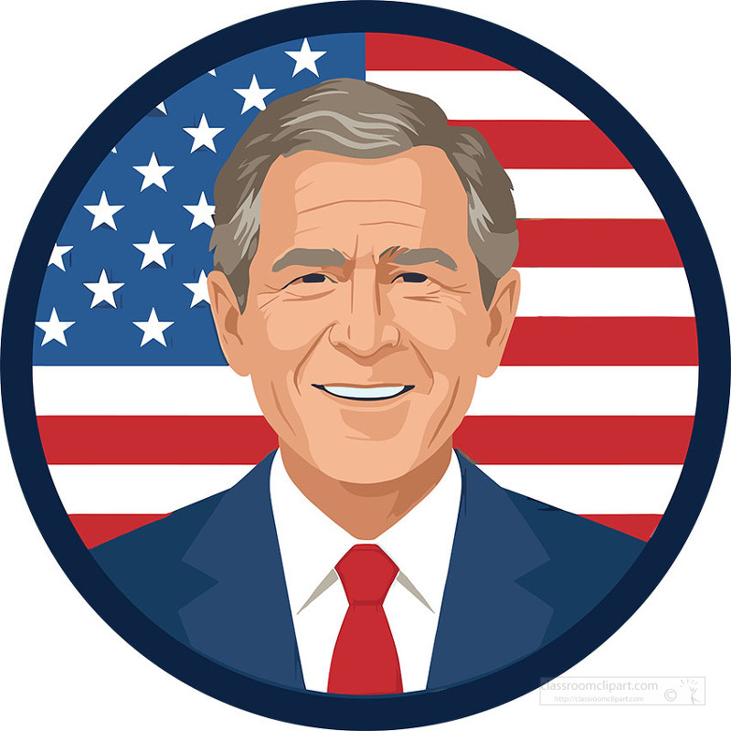 Flat style portrait of George W Bush wearing a blue suit and red tie framed by a round background with the United States flag