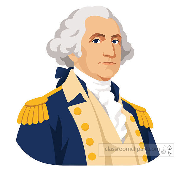 George Washington portrait in a blue and cream military uniform with gold buttons epaulettes and white neckcloth