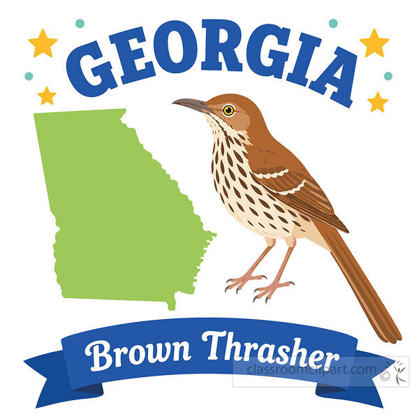 Georgia state bird image with a green state map a brown thrasher stars and a blue name banner